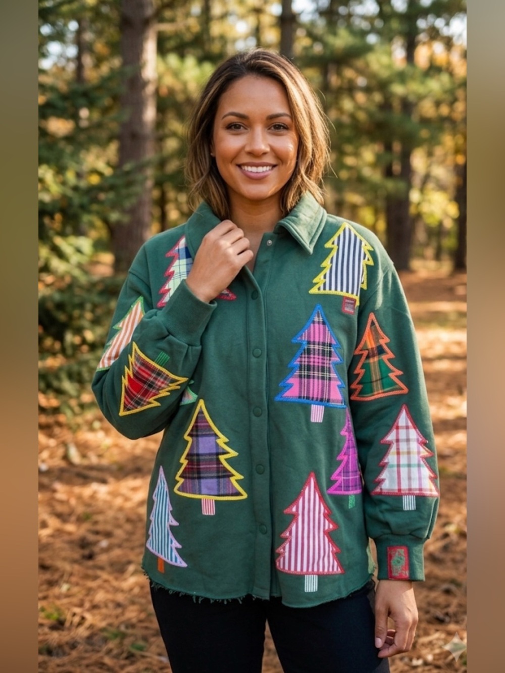 New! QUEEN OF SPARKLES Green Multicolor Plaid Sequin Christmas Tree Shacket - Picture 3 of 12